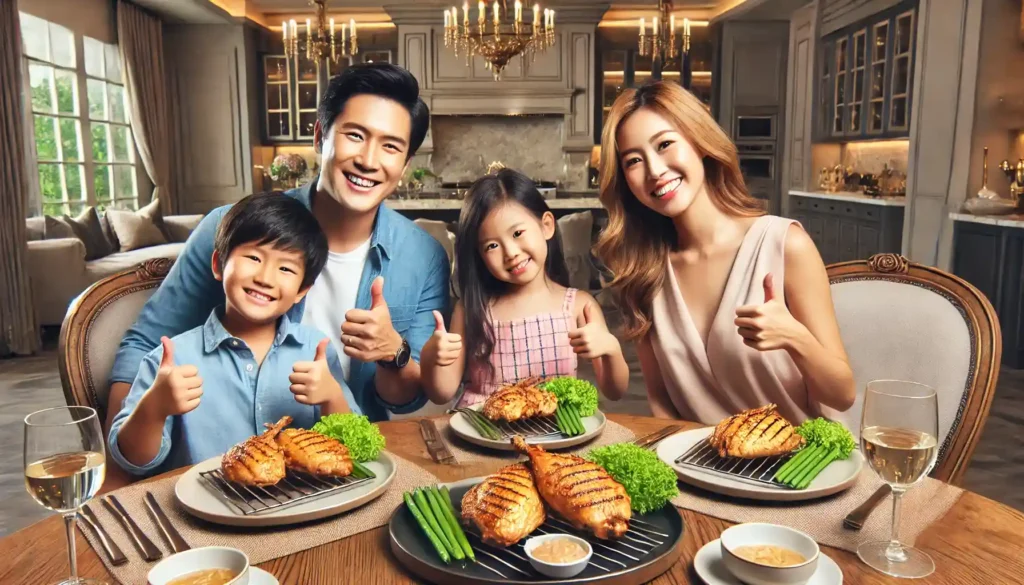 family of four enjoying grilled Korean chicken breasts at a luxurious dining table, smiling and giving thumbs up.