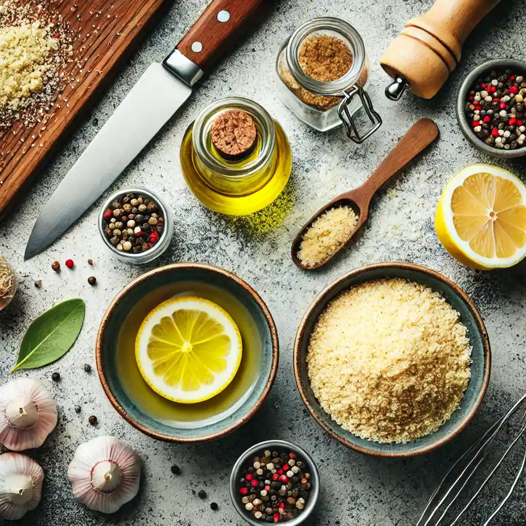 In one bowl, combine breadcrumbs. In another bowl, mix olive oil, lemon juice, and pepper.