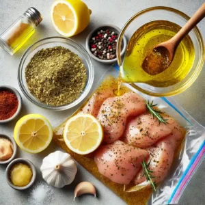 Marinade mixture being poured over chicken pieces in a ziplock bag.