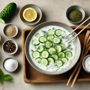 ngredients for cucumber yogurt sauce being whisked together with skewers soaking in water.