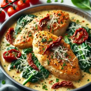 Close-up of Marry Me Chicken with creamy sauce, sun-dried tomatoes, wilted spinach, and grated Parmesan.