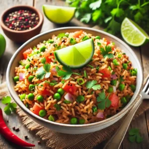 Colorful Mexican brown rice in a bowl with cilantro and lime, a perfect vegetarian side.