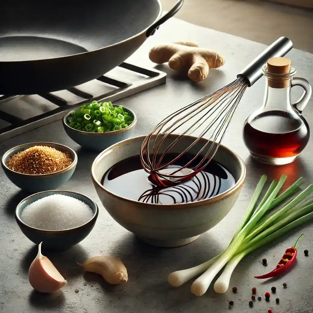 Mixing ingredients for a stir-fry sauce in a small bowl on a kitchen countertop with water, soy sauce, cornstarch, and sugar being whisked together.