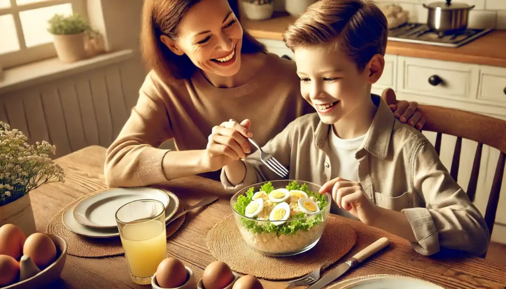 Mother and son enjoying a classic egg salad for lunch.