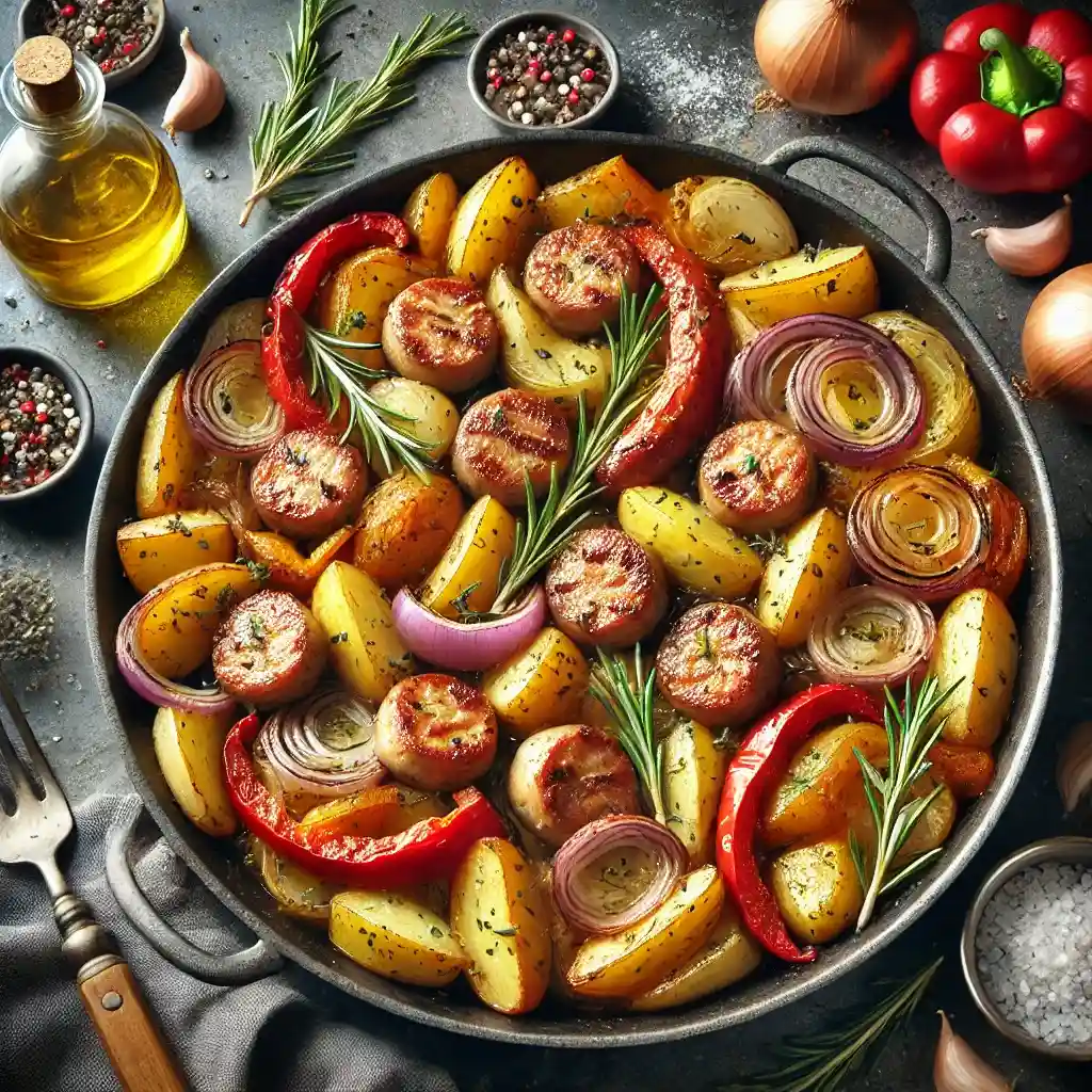 fully cooked and ready-to-eat "One-Pan Roasted Sausage, Potatoes, and Peppers" dish. This image captures the golden-brown roasted potatoes, caramelized onions, vibrant red bell peppers, and crisply cooked slices of Italian chicken sausage, all seasoned and garnished beautifully. It's presented in a homely kitchen setting, perfect for showcasing a hearty meal.