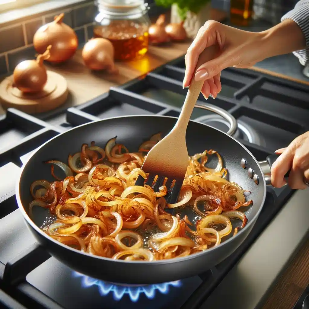 The same pan with onions being fried until slightly burnt but crunchy.