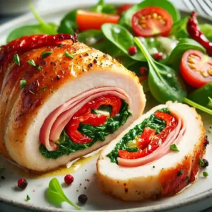 Close-up of sliced Pepper and Prosciutto Stuffed Chicken Breast, showing the filling of prosciutto, roasted red pepper, and spinach, served with salad.