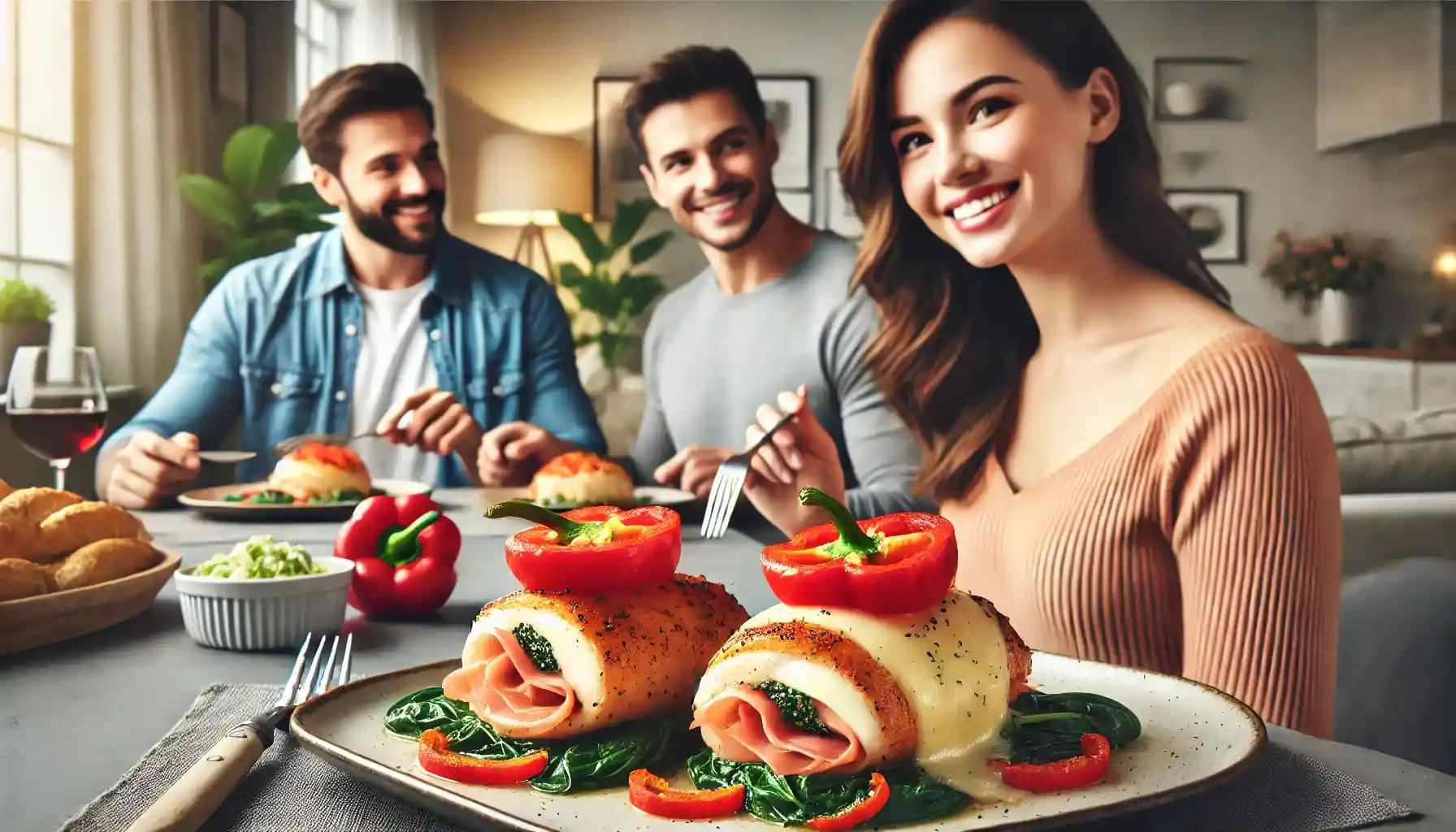 A family enjoying Pepper and Prosciutto Stuffed Chicken Breasts at a dining table, with a focus on the stuffed chicken breasts filled with cheese, roasted red peppers, prosciutto, and spinach.