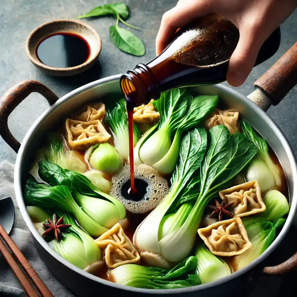 Pouring soy sauce into a pot of soup with bok choy and wontons.