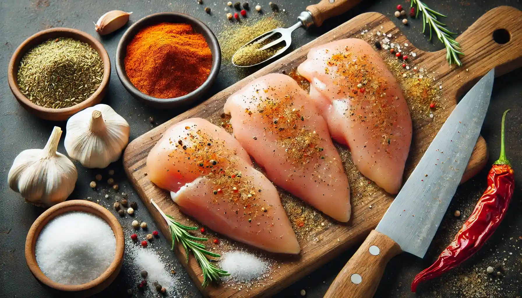 Chicken breasts on a cutting board with seasonings.