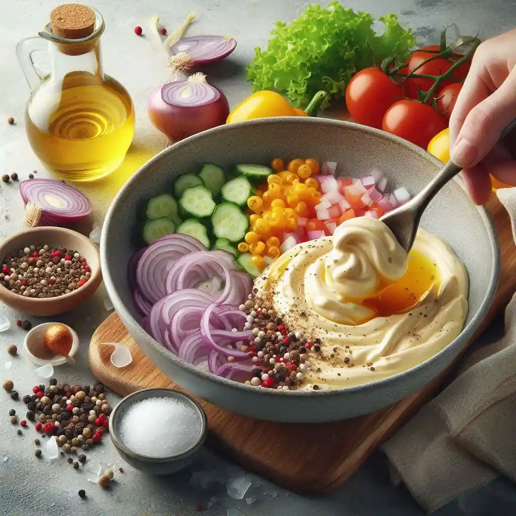 Prepare the Dressing: In a large bowl, start to combine the shallots, to the mustard, and vinegar. Finally stir the mayonnaise with pepper and salt.
