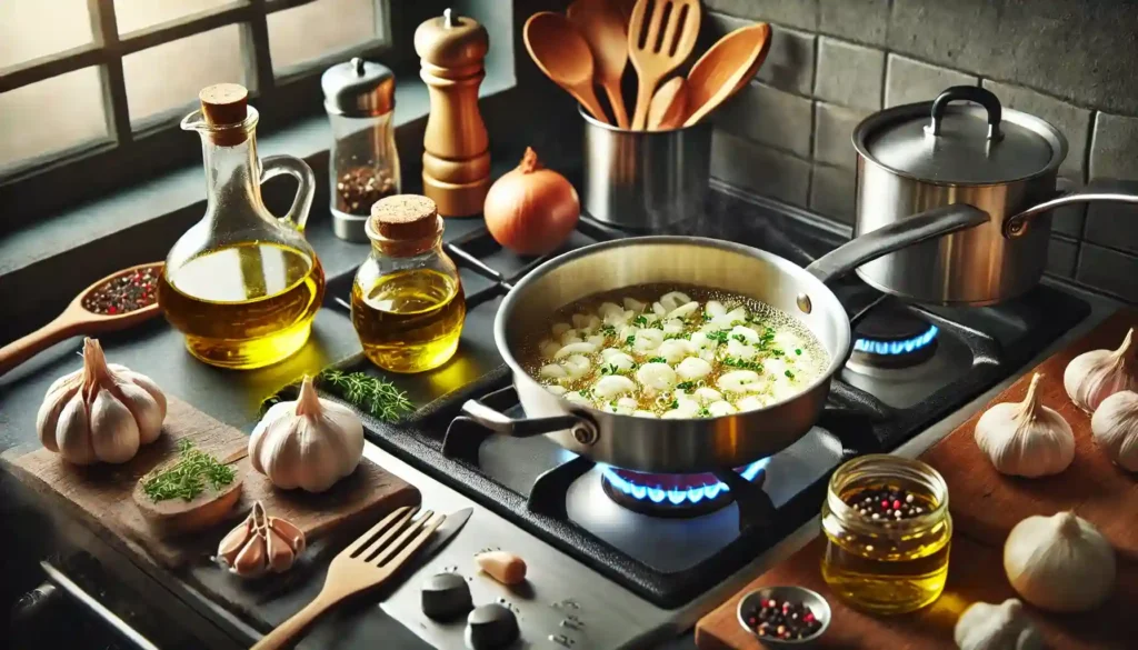 Heating oil in a saucepan over medium-low heat, adding onion and garlic, and sautéing until soft. to make Chicken Enchilada Soup