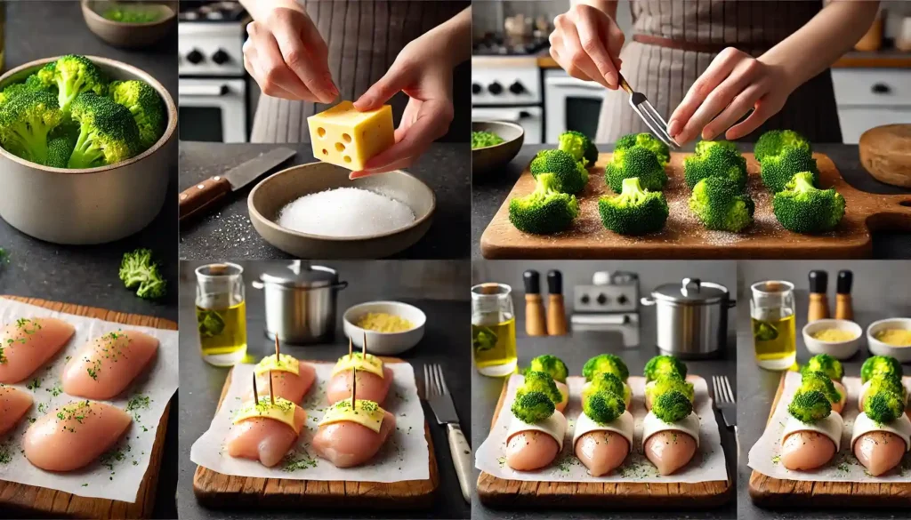 seasoning chicken breasts with salt, adding cheese and broccoli, rolling them up, and securing with toothpicks.