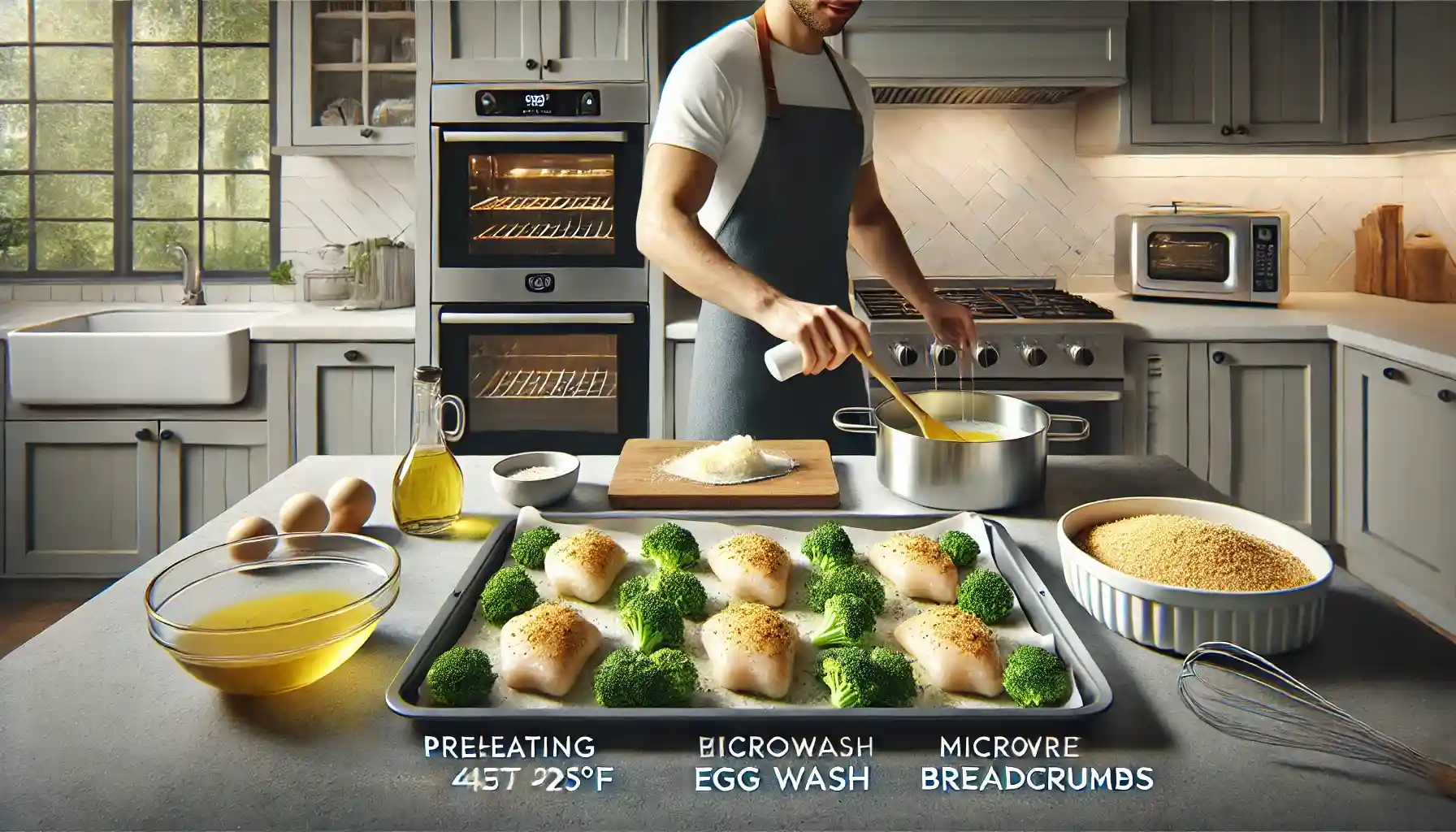 A modern kitchen with preheating the oven to 425°F, spraying a sheet pan with oil, 