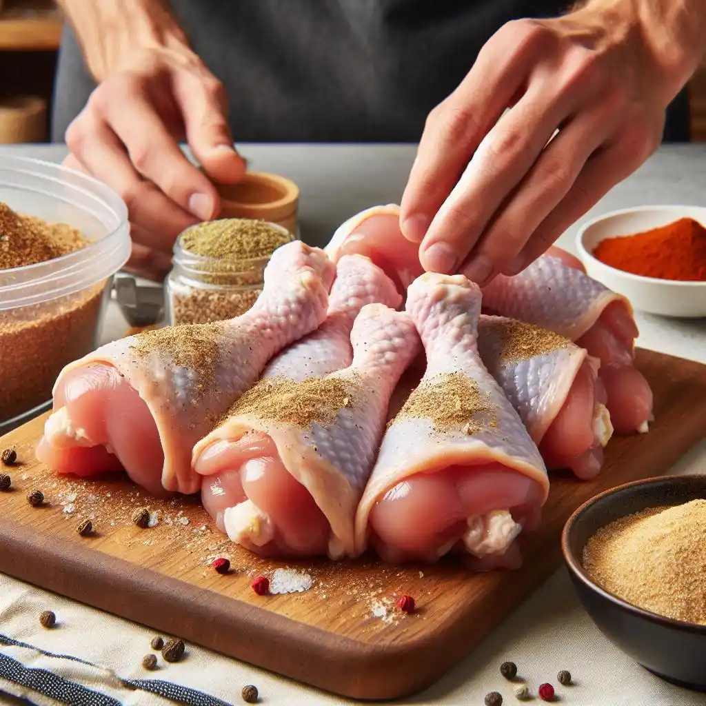 Raw chicken drumsticks being seasoned with salt and garlic powder on a cutting board. Some drumsticks have seasoning massaged under the skin, and they are placed in a container ready to go into the refrigerator.