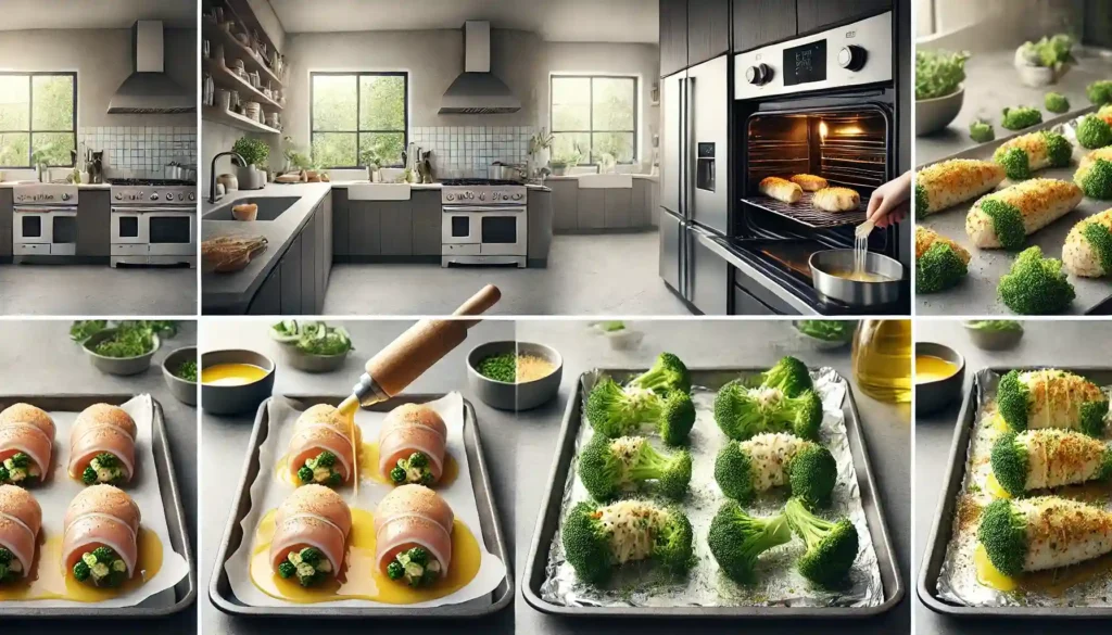 the steps of rolling chicken with cheese and broccoli, dipping in egg wash, coating with breadcrumbs, and baking in the oven.