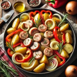 A rustic one-pan meal featuring Italian chicken sausage, russet potatoes, and red bell peppers.