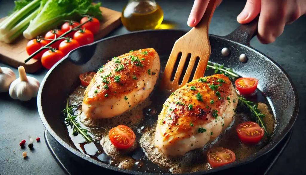 A large oven-safe or cast iron skillet on medium heat, with olive oil being sprayed evenly across the surface.