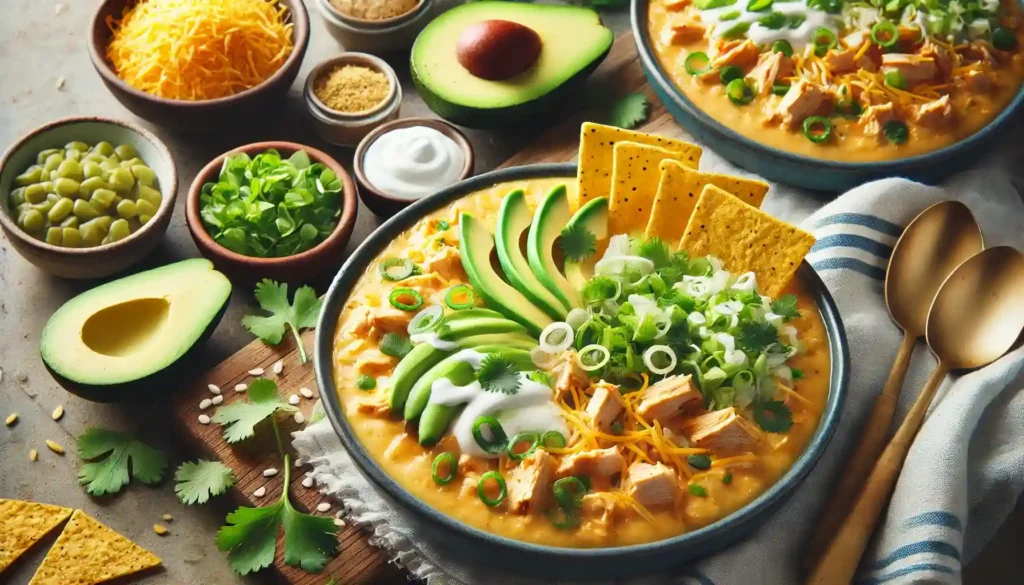 Serving Chicken Enchilada Soup in bowls, topped with cheese, avocado, scallions, and cilantro, with optional sour cream and crushed tortilla chips.