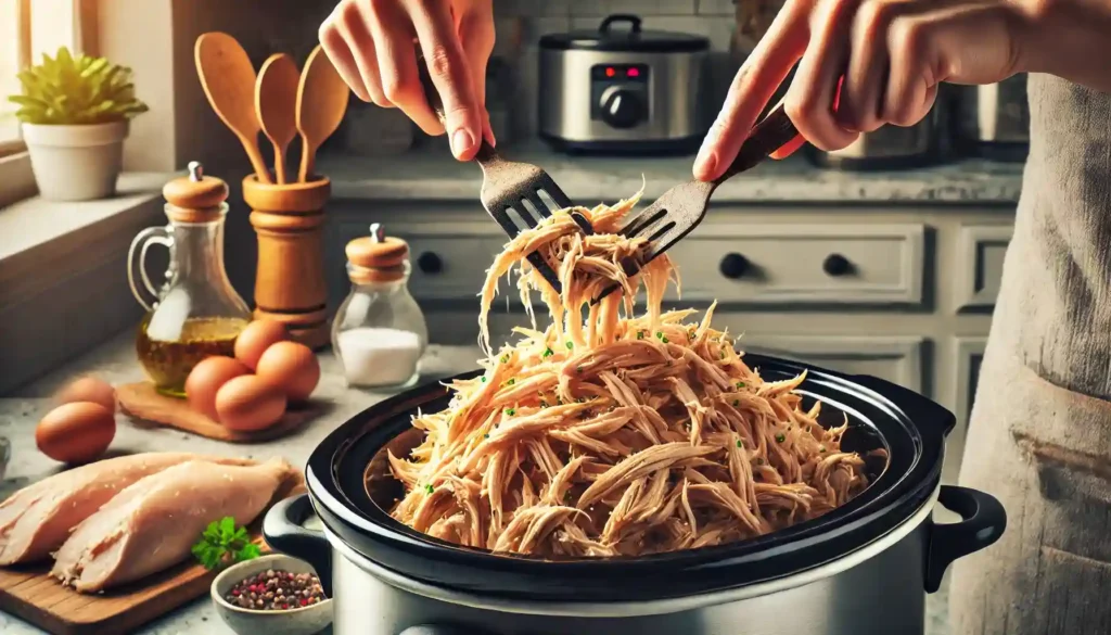 Removing cooked chicken from a crock pot and shredding it with two forks for making testy Chicken Enchilada Soup