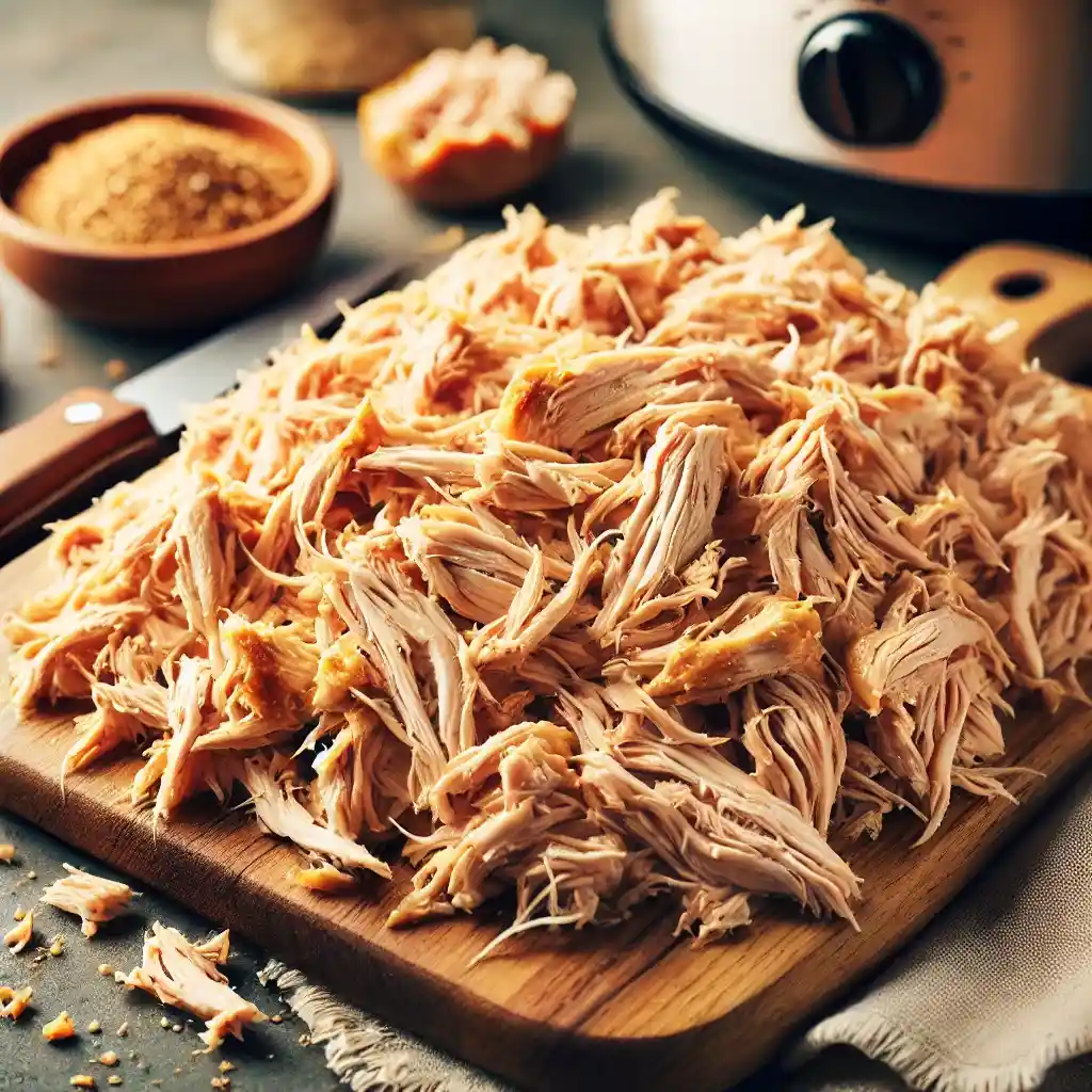 Shredded chicken on a cutting board