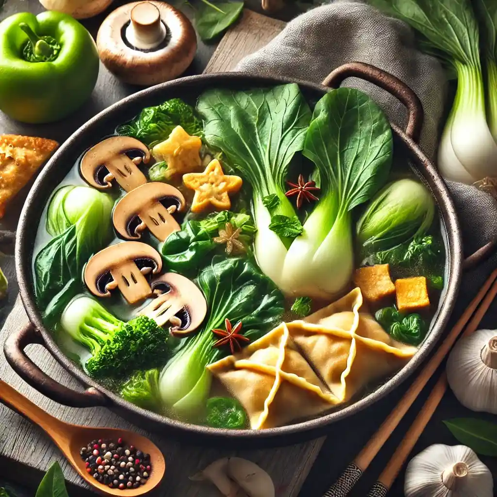 A pot of soup with bok choy, wontons, and mushrooms, similar to the uploaded image."