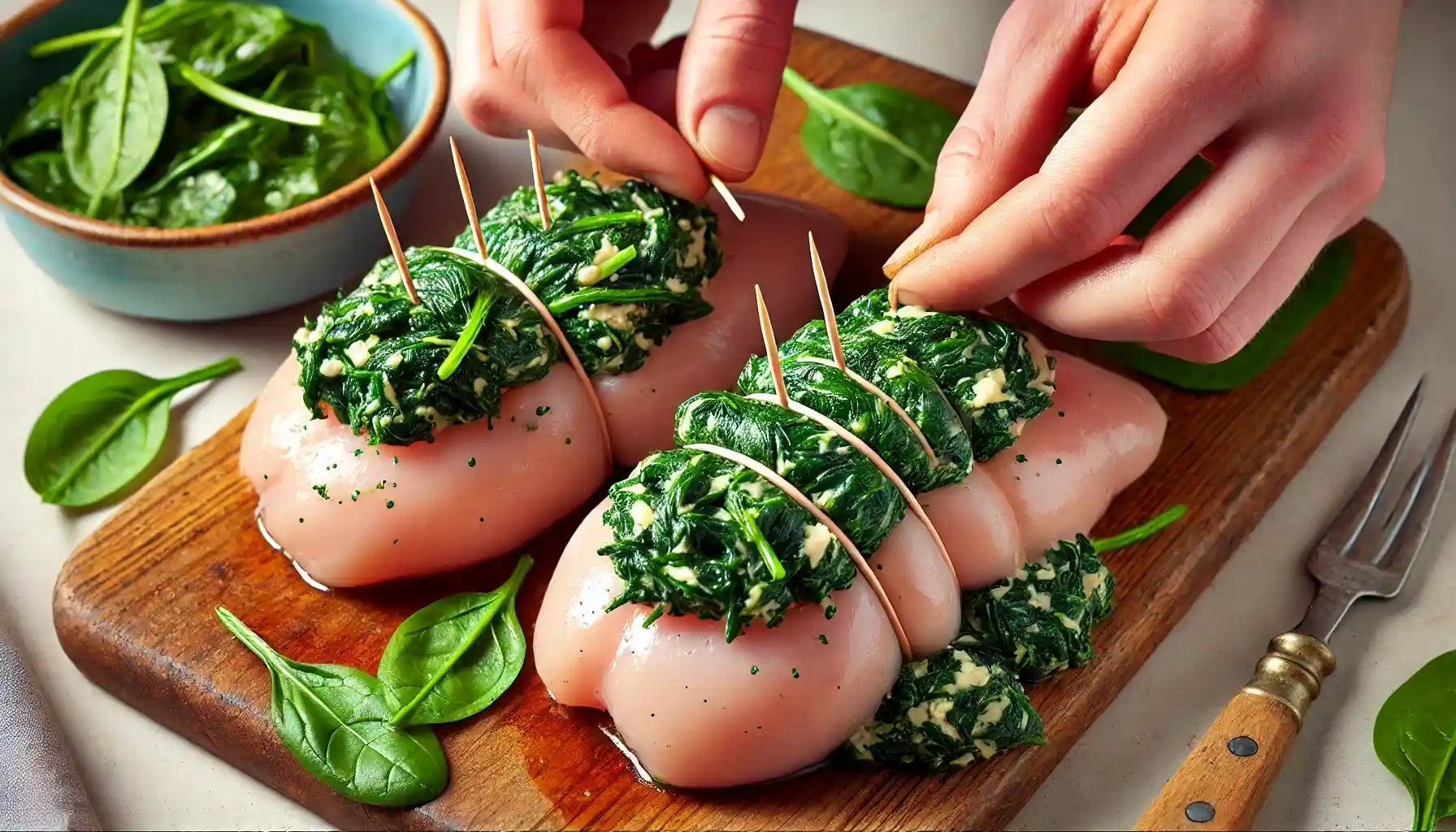 Stuffing the chicken breasts with the spinach mixture.