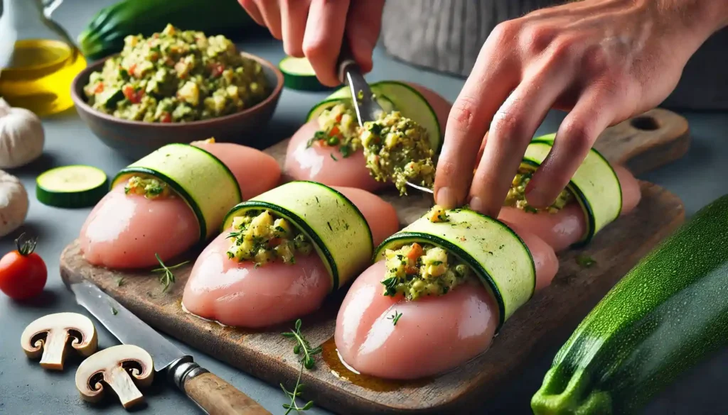 Chicken breasts being filled with a zucchini mixture, showing the filling being stuffed into the pockets.