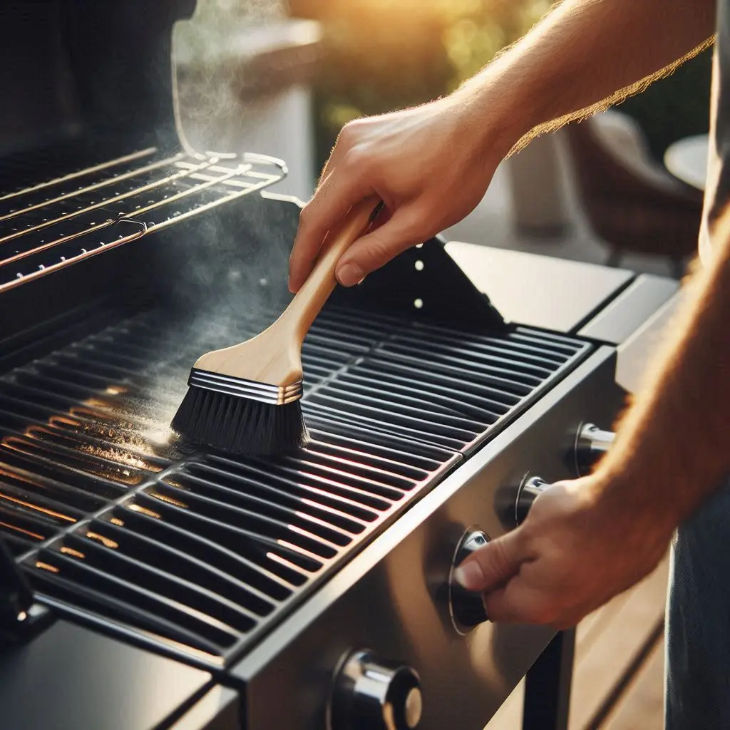 Person oiling clean grill grates with a brush, with the grill set to medium heat and then lowered to low.