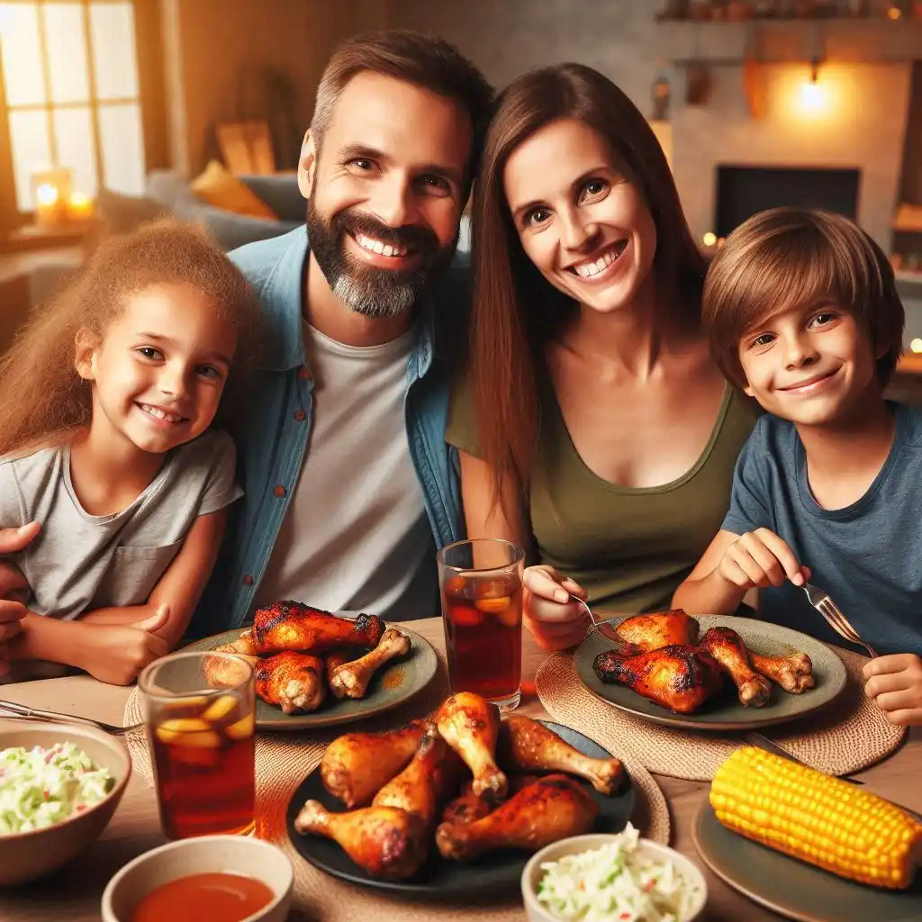 A family of four—two adults and two children—sitting around a dinner table, enjoying BBQ chicken drumsticks. The table is filled with plates of grilled chicken, sides like coleslaw and corn on the cob, and drinks. The family members are smiling and engaged in their meal, with a warm and inviting dining area in the background.