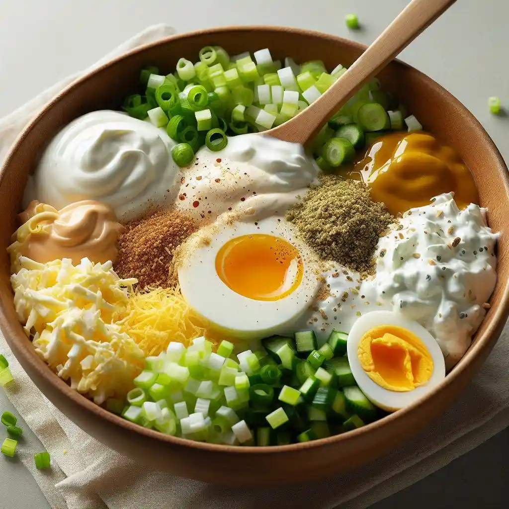 a bowl of creamy dressing ingredients being mixed together. Show chopped eggs, low-fat sour cream, light mayonnaise, chopped celery, chopped green onions, dill pickles, Dijon mustard, white vinegar, and a dash of hot sauce. The ingredients should be in a bowl, with a wooden spoon stirring them, and a clean, inviting kitchen background.