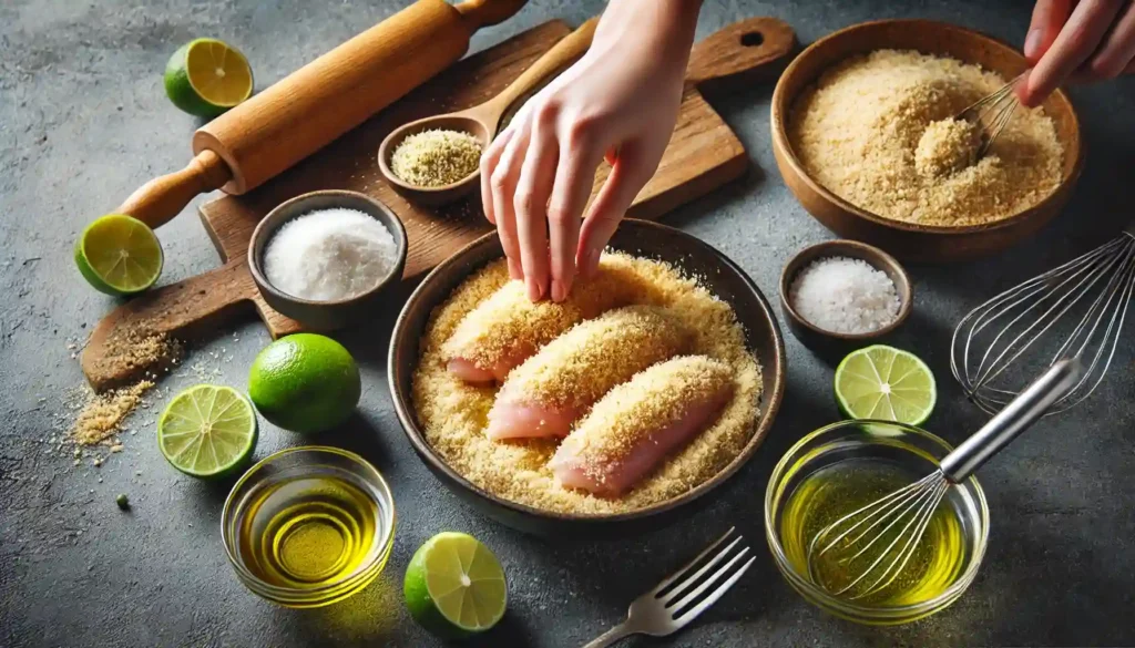 In a bowl, mix breadcrumbs. In a second bowl, combine olive oil, lime juice, salt, and pepper. Dip each rolled chicken cutlet in the lime-oil mixture, then coat with breadcrumbs. Place seam side down in the prepared baking dish.