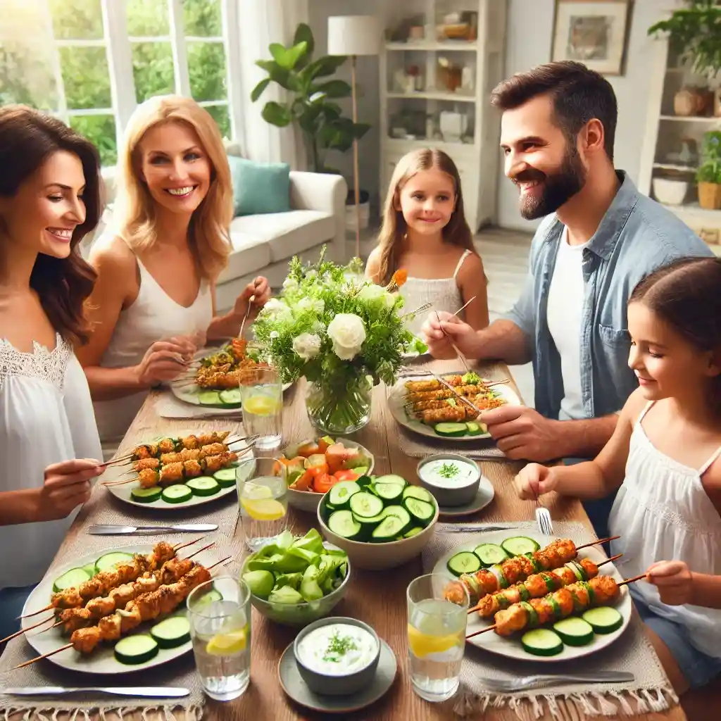 A family of four enjoying grilled chicken kabobs with cucumber yogurt sauce around a beautifully set dining table.