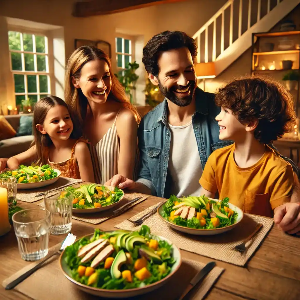 A family of four enjoys a healthy dinner of California Grilled Chicken Salad with Avocado and Mango.