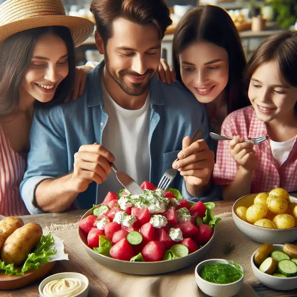 lovely family eating red potato salad as a side dish