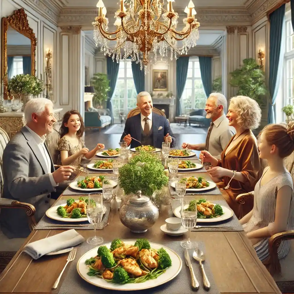 A wealthy family enjoying Chicken and Broccoli Stir-Fry in a luxurious dining room, with plates containing pieces of chicken and broccoli stir-fry.