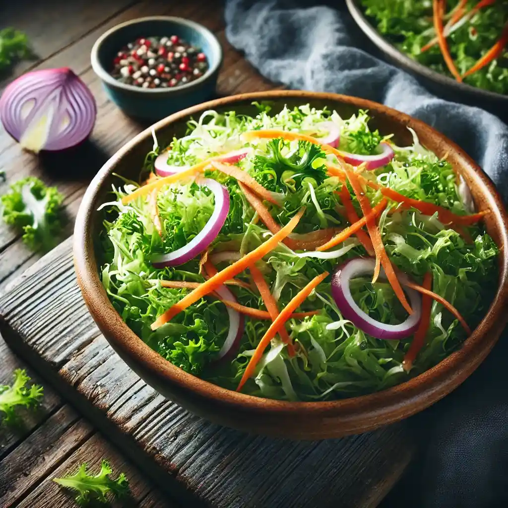 Freshly prepared bowl of lettuce slaw with red onions and carrots, dressed in light vinaigrette.