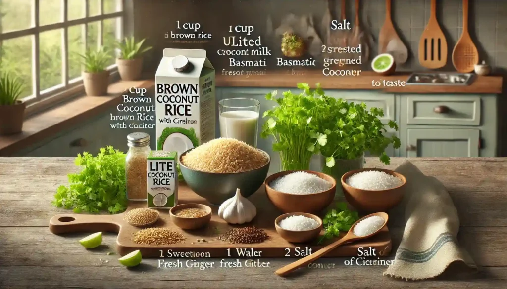 A kitchen table featuring ingredients for Brown Coconut Rice with Cilantro, including uncooked brown rice, lite coconut milk, water, grated fresh ginger, a crushed garlic clove, salt, sweetened grated coconut, and fresh cilantro, all neatly arranged and well-lit.