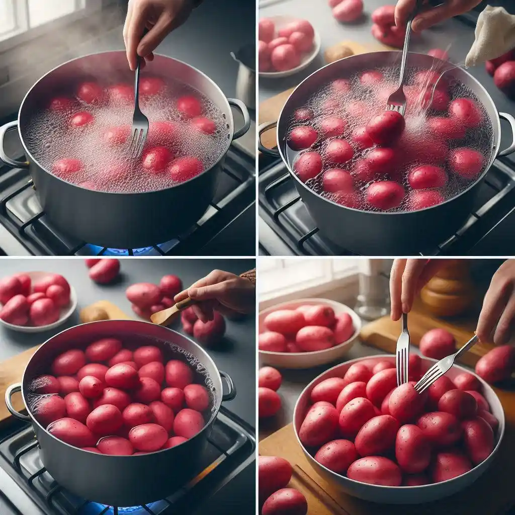 a large pot filled with red potato pieces submerged in water, being brought to a boil on a stove. Show the potatoes cooking until soft, with a fork testing their tenderness. Include the scene of draining the water and transferring the cooked potatoes to a large bowl to cool.