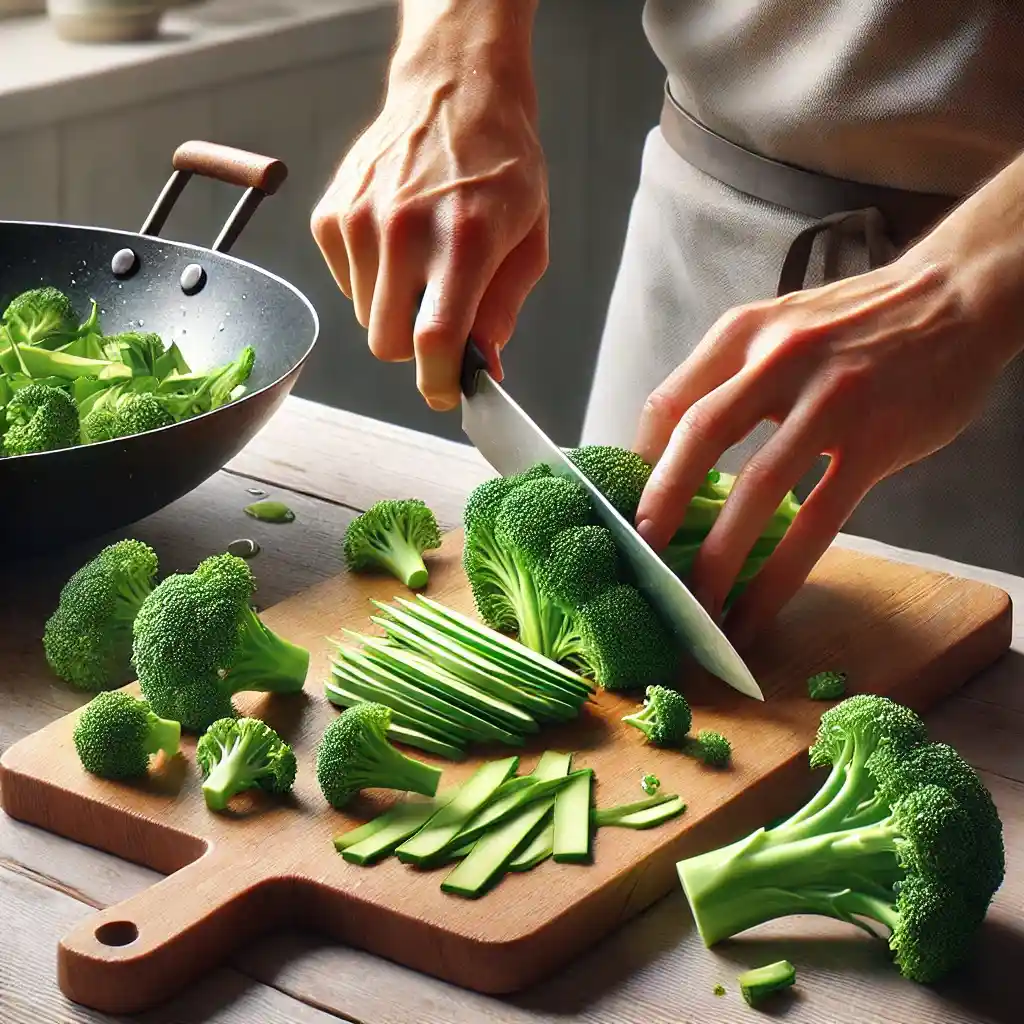 Preparing broccoli for stir-fry, trimming florets and slicing stems diagonally on a cutting board with a wok nearby.