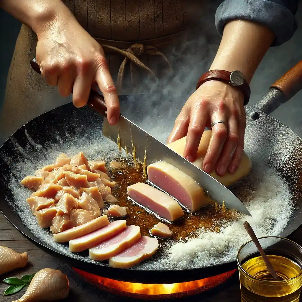 Preparing chicken using the velveting technique, slicing chicken into uniform pieces, marinating with soy sauce and oil, and searing in a hot wok.