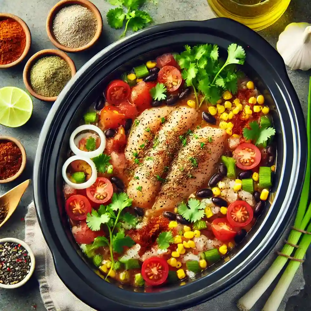 cooker with a light coating of cooking spray. Inside, you can see a mix of chicken broth, black beans, corn, tomatoes, cilantro, scallions, garlic powder, onion powder, cumin, cayenne pepper, and salt. On top of this mixture, there are seasoned chicken breasts. This setup makes the dish look easy to prepare and appetizing.