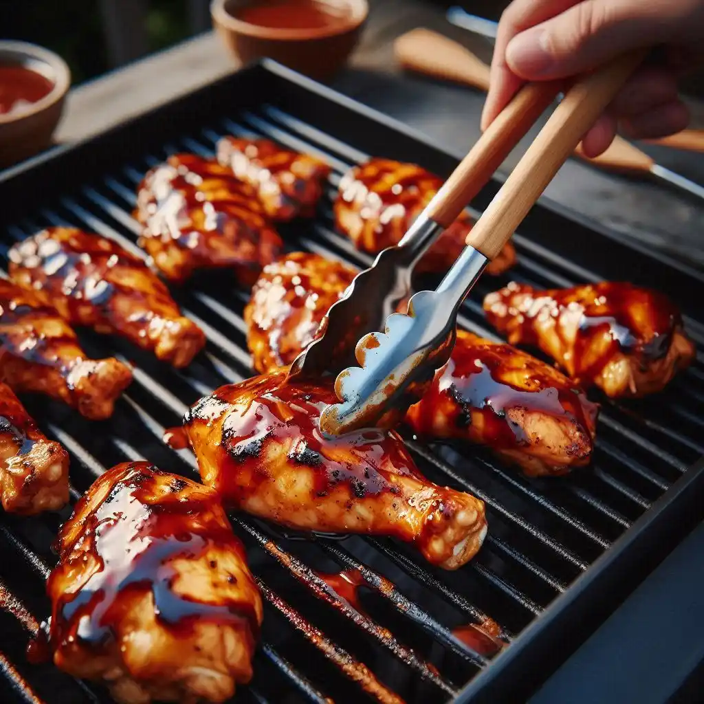 Chicken on a grill being brushed with BBQ sauce and turned with tongs.