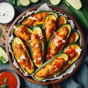 Crispy zucchini skins filled with creamy buffalo chicken, topped with blue cheese and scallions, served with blue cheese dressing.