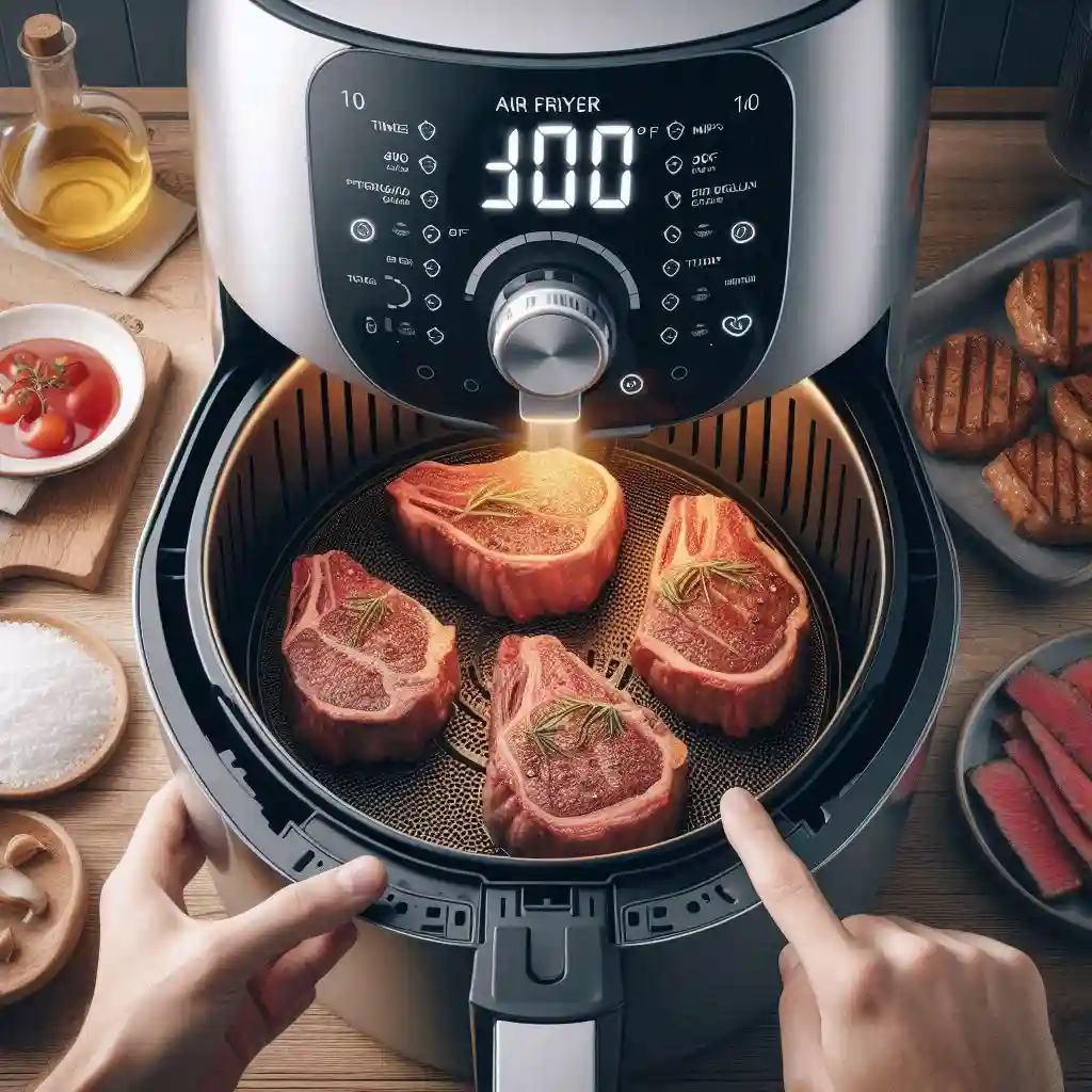 Air fryer set to 400°F with steaks cooking for 10 minutes, flipped halfway. For medium, cooking time is 12 minutes.