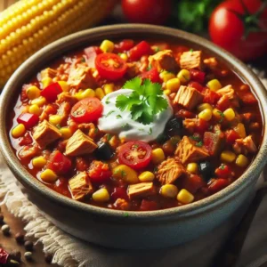 Close-up of Crock Pot Turkey Chili showing chunks of turkey, corn, bell peppers, and tomatoes, garnished with cilantro and sour cream.