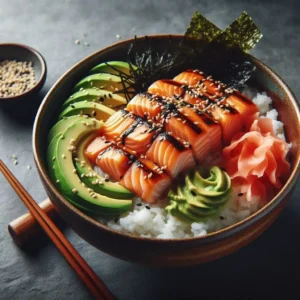 A delicious salmon rice bowl with brown rice, sriracha mayo salmon, cucumbers, scallions, and furikake.