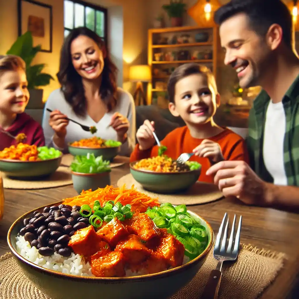 A family of four enjoying dinner with Buffalo Chicken Rice Bowls at the table, focusing on the vibrant and colorful dish.