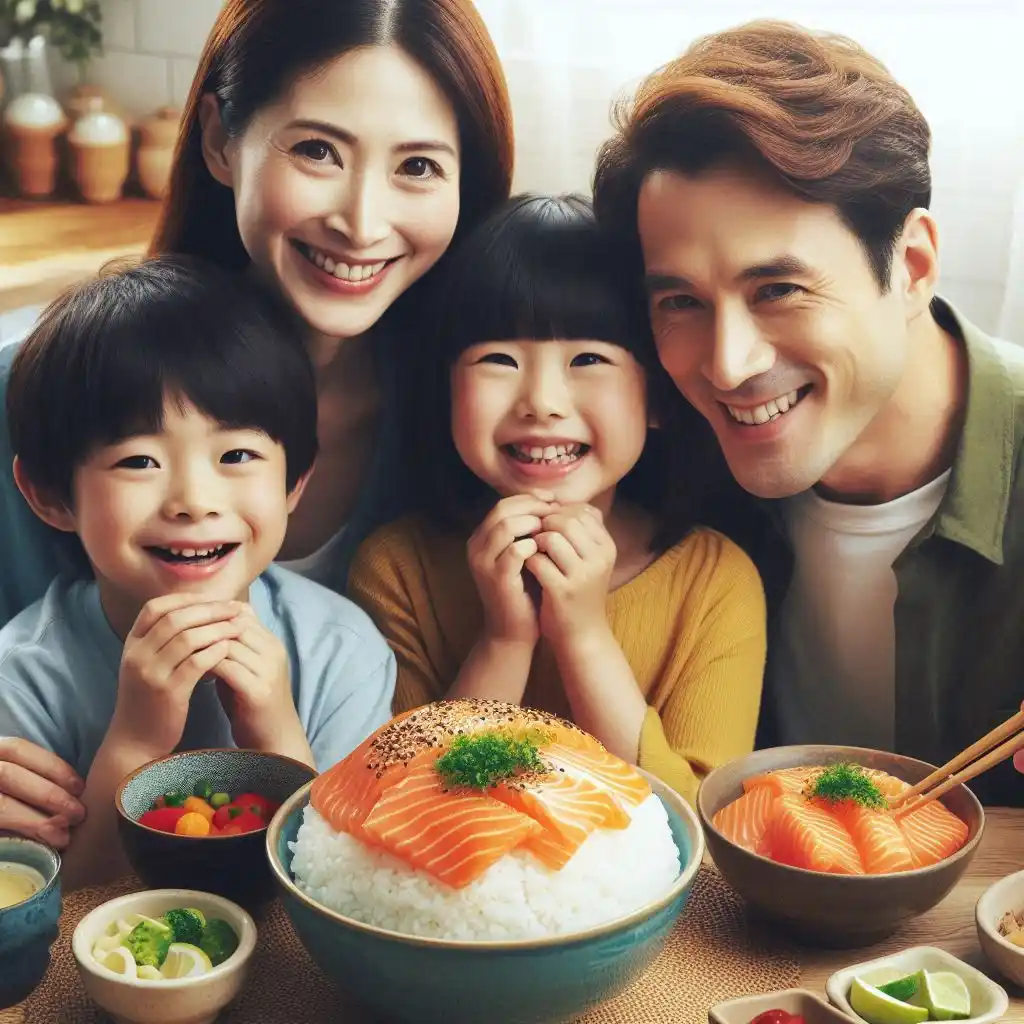 A family of four sitting at a table, serving and eating a Salmon Rice Bowl with salmon, brown rice, cucumbers, and garnishes.