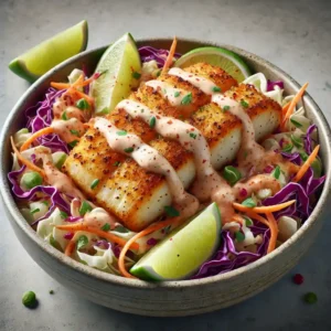 Fish taco bowl with Cajun-spiced bite-sized fish, veggie slaw, and spicy mayo drizzle in a shallow bowl.